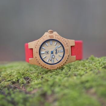 Petite montre NALU en bambou naturel/bracelet en liège rouge 4