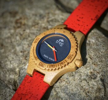 Petite montre NALU en bambou naturel/bracelet en liège rouge 6