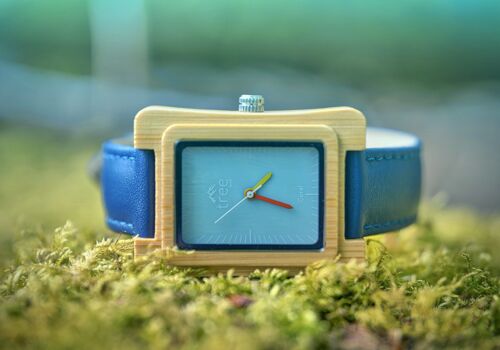 Coral Blue Face Bamboo Watch/Leather strap by Treeless Products