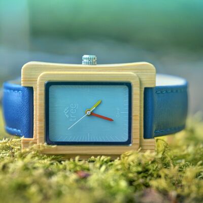 Coral Blue Face Bamboo Uhr/Lederarmband von Treeless Products