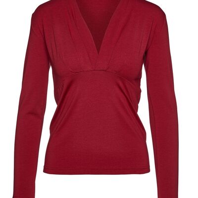 Long Sleeve Wine Faux Wrap Top in Stretch Jersey Sustainable Fabric.