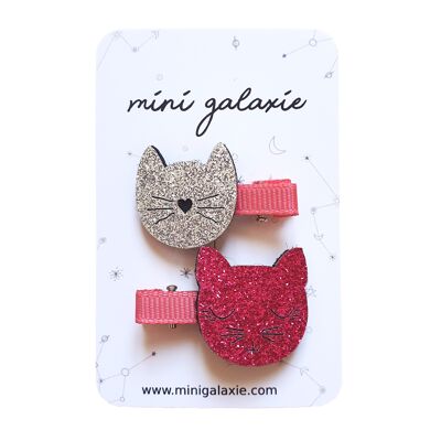 CAT barrettes with pink and silver sequins - set of 2