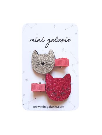 Barrettes CHAT paillettes rose et argenté - lot de 2 1