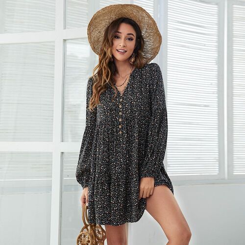 Long Sleeves Printed V-Neck Mini Dress