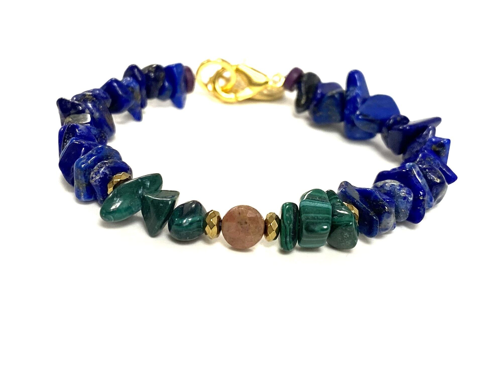 Pulsera de piedras preciosas lapislázuli, malaquita y cristal