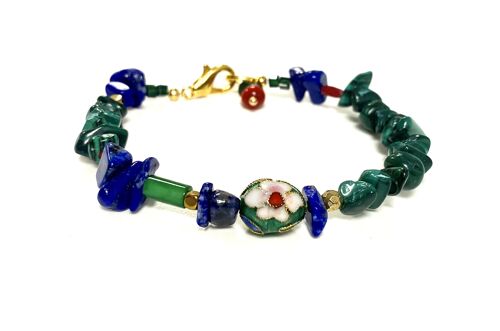Bracelet gemstone Malachite, Lapis and flower bead