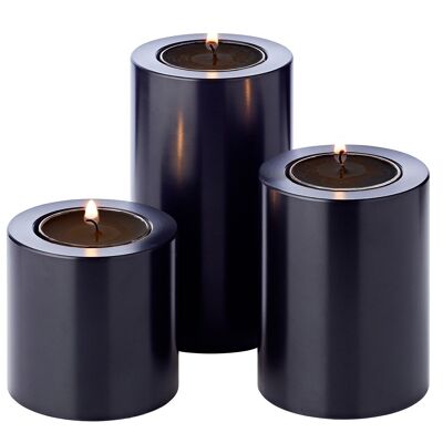 Set of 3 permanent candles Cornelius (Ø 6cm, heights 6/8/10 cm) black, tealight holder heat-resistant 90°