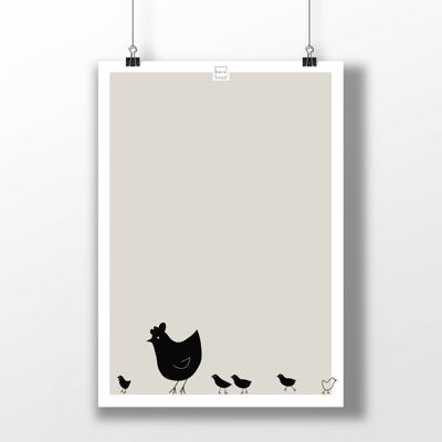 Affiche A3 - poule avec poussins - poulet