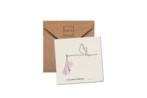 Cartolina di auguri - birthday card - handmade in Italy -cicogna rosa