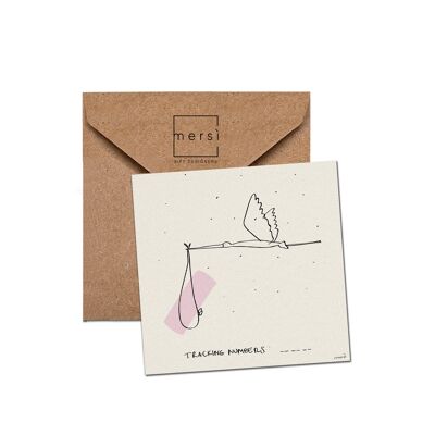 Tarjeta de felicitación - tarjeta de cumpleaños - hecha a mano en Italia - cigüeña rosa