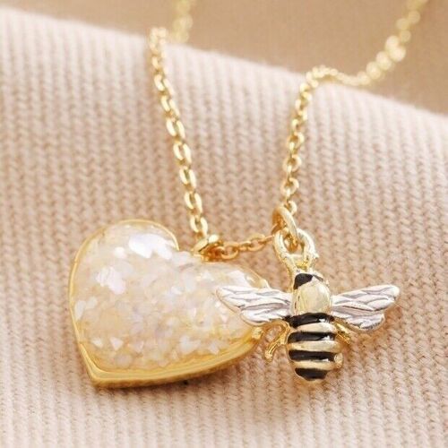 Shell Heart and Bee Charm Necklace in Gold