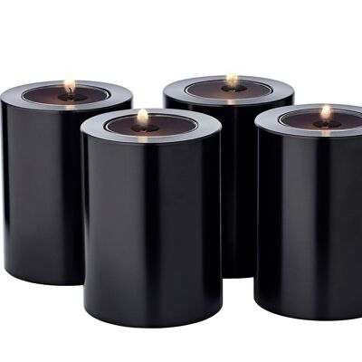 Juego de 4 velas permanentes Cornelius (altura 8 cm, Ø 6 cm) negras, portavelas resistente al calor hasta 90°