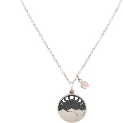 Gemshine Alpine Mountain Necklace with Moon Phases and Rose Quartz