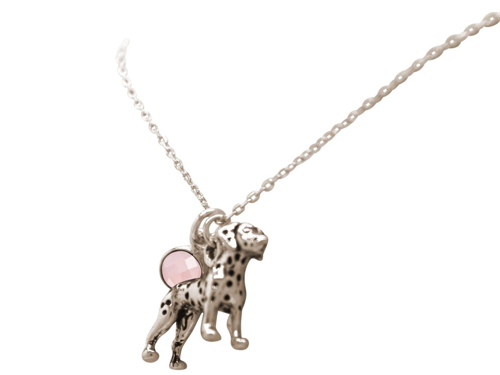 Gemshine Dalmata 3-D Cane con pendente in quarzo rosa 925