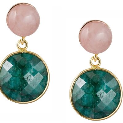 Boucles d'oreilles pour femmes Gemshine avec émeraudes et quartz rose