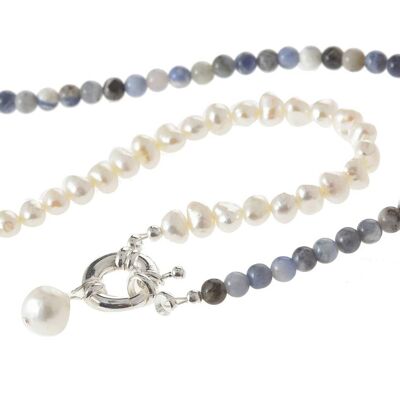 Gemshine necklace with white cultured pearls and blue lapis