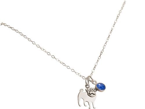Gemshine Halskette Mops Hund Anhänger - Blauer Saphir in 925