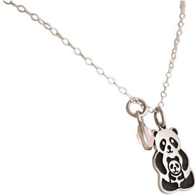 Gemshine Necklace PANDA Mama and Baby Bear with Rose Quartz