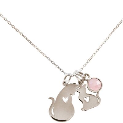 Colgante Gemshine Mother Cat + Kitten, cuarzo rosa