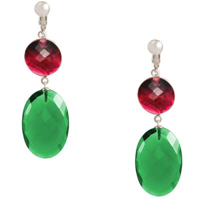 Gemshine clip earrings with red and green tourmaline quartz stainless steel