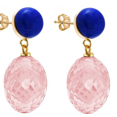 Boucles d'oreilles Gemshine avec ovales de quartz rose 3D et lapis bleu