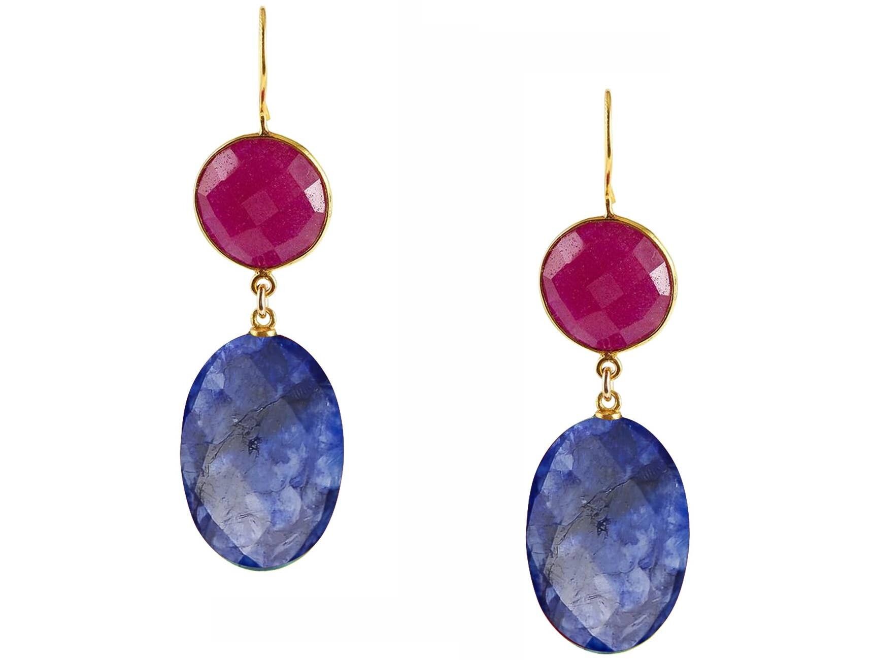 Gemshine earrings with blue sapphire ovals and red ruby