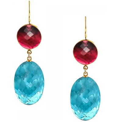 Pendientes gemshine con óvalos de cuarzo topacio azul y cuarzo rojo