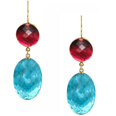 Gemshine earrings with blue topaz quartz ovals and red quartz