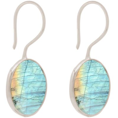 Boucles d'oreilles Gemshine avec labradorite grise scintillante. rond