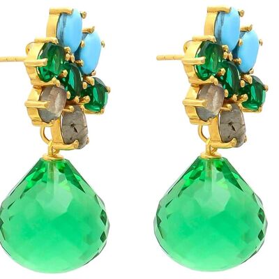 Pendientes Gemshine con gotas de cuarzo turmalina verde, turquesa