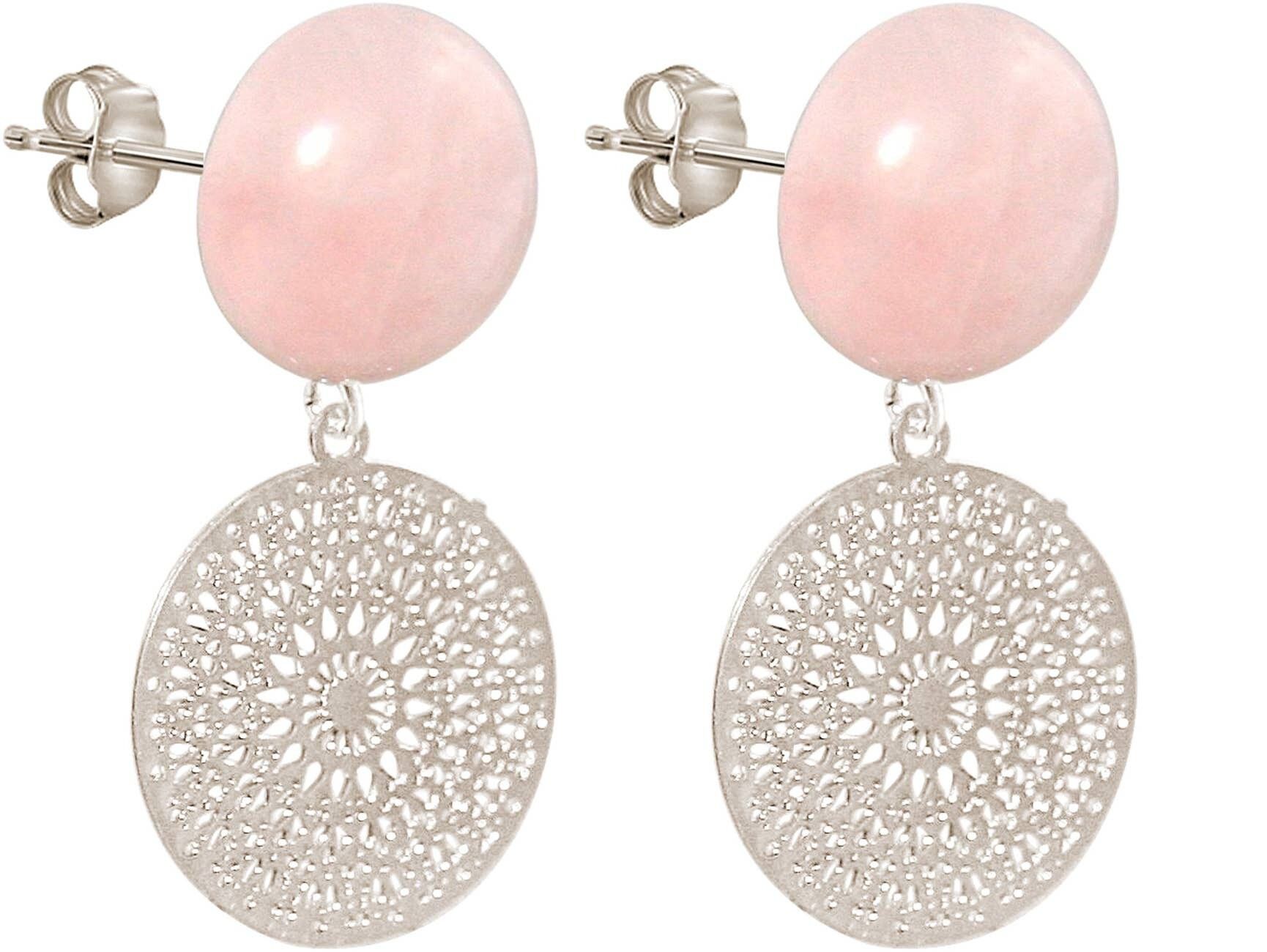 Gemshine Ohrringe mit Rosenquarz Cabochons und Mandalas.