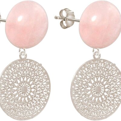 Gemshine earrings with rose quartz cabochons and mandalas.