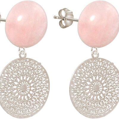 Pendientes gemshine con cabujones de cuarzo rosa y mandalas.