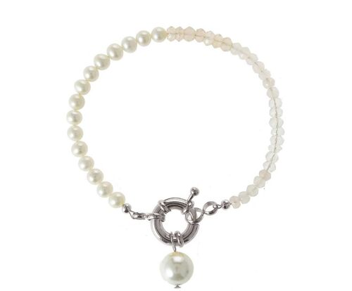 Gemshine Perlenarmband mit weißen Zuchtperlen und Rosenquarz