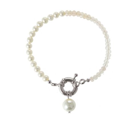Gemshine Perlenarmband mit weißen Zuchtperlen und Rosenquarz