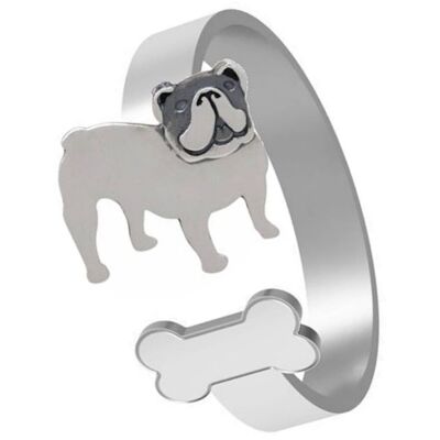 Gemshine Ring BULLDOGGE HUND mit KNOCHEN. 925 Silber