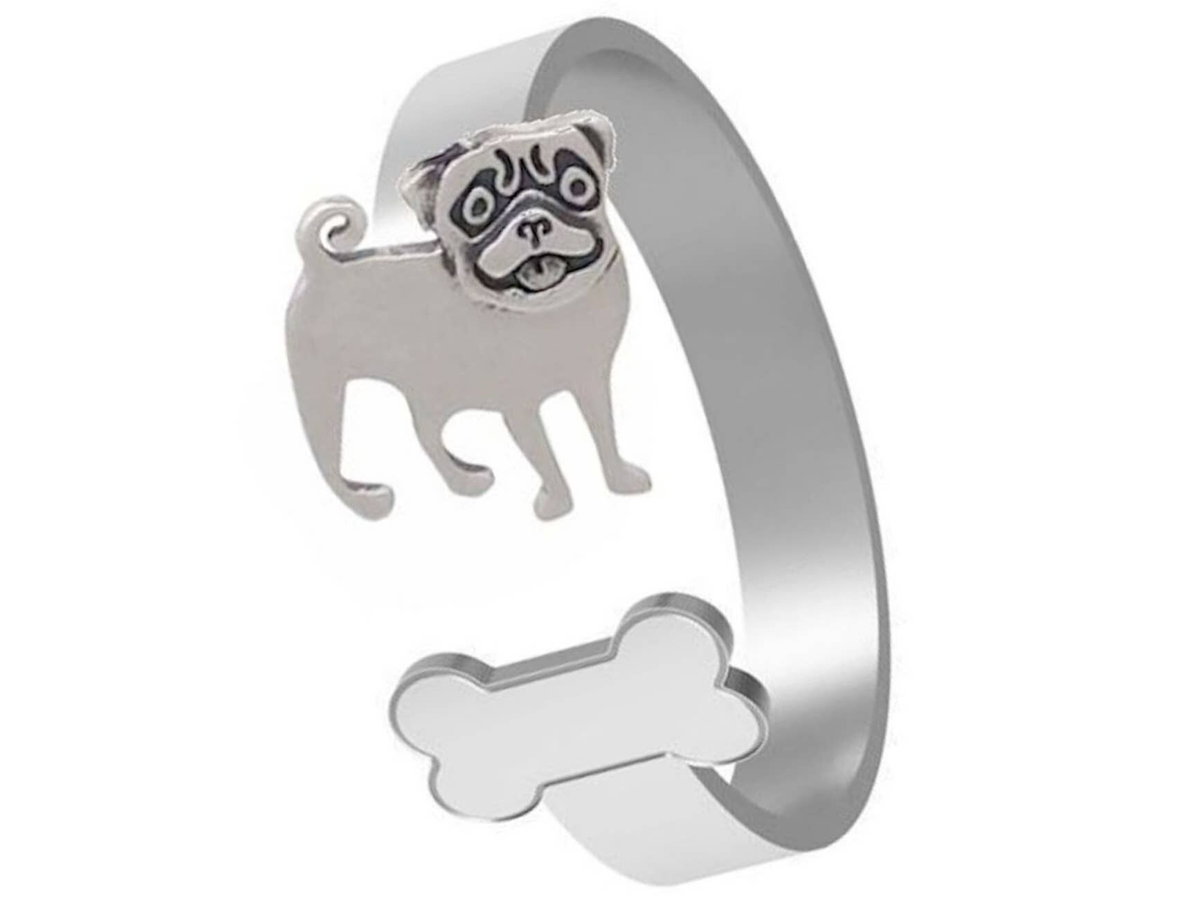 Gemshine Ring PUG DOG with BONE. 925 silver, gold plated
