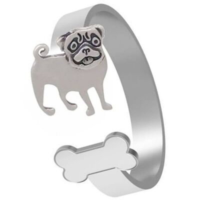 Anillo Gemshine PERRO PUG con HUESO. 925 plata, chapado en oro