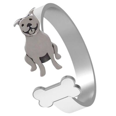 Gemshine Ring PITBULL TERRIER DOG with BONE. 925 silver