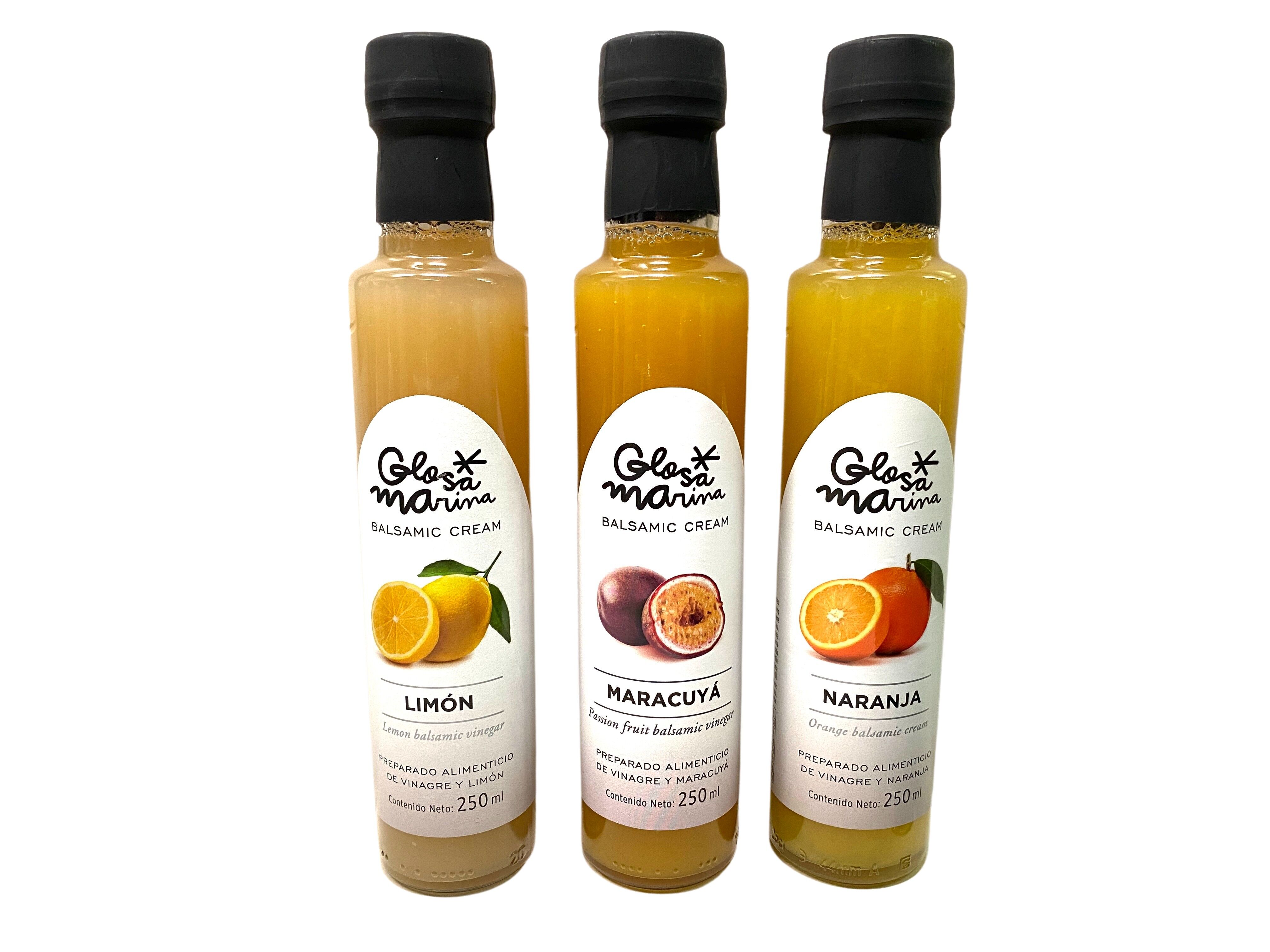 3 bottles of balsamic vinegar preparation with 1 x lemon, 1 x passion fruit & 1 x orange 0.25 l Glosa Marina from Mallorca!