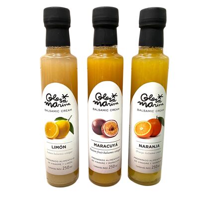 3 bottles of balsamic vinegar preparation with 1 x lemon, 1 x passion fruit & 1 x orange 0.25 l Glosa Marina from Mallorca!