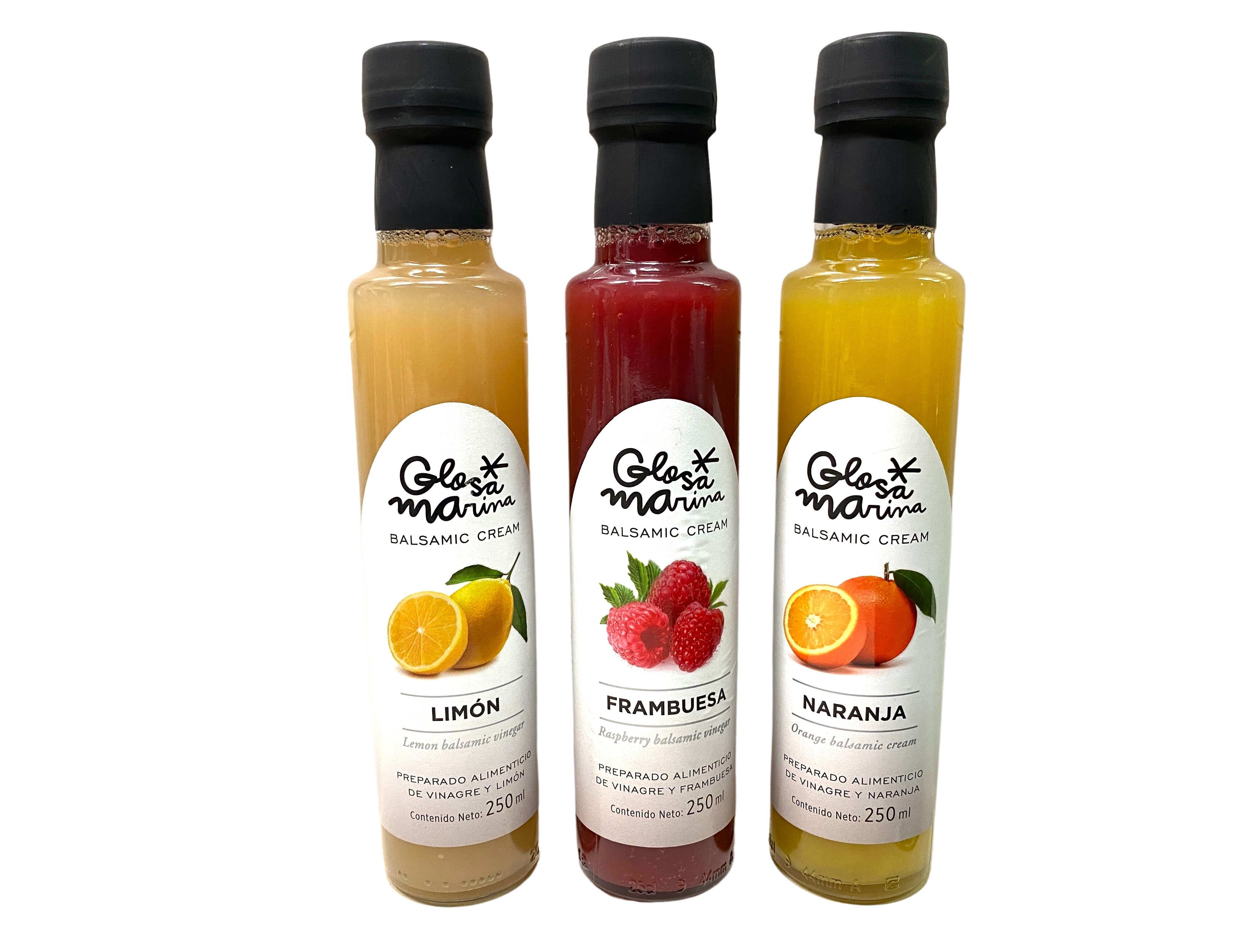 3 bottles of balsamic vinegar preparation with 1 x lemon, 1 x raspberry & 1 x orange 0.25 l Glosa Marina from Mallorca!