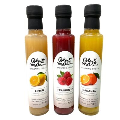 3 bottles of balsamic vinegar preparation with 1 x lemon, 1 x raspberry & 1 x orange 0.25 l Glosa Marina from Mallorca!