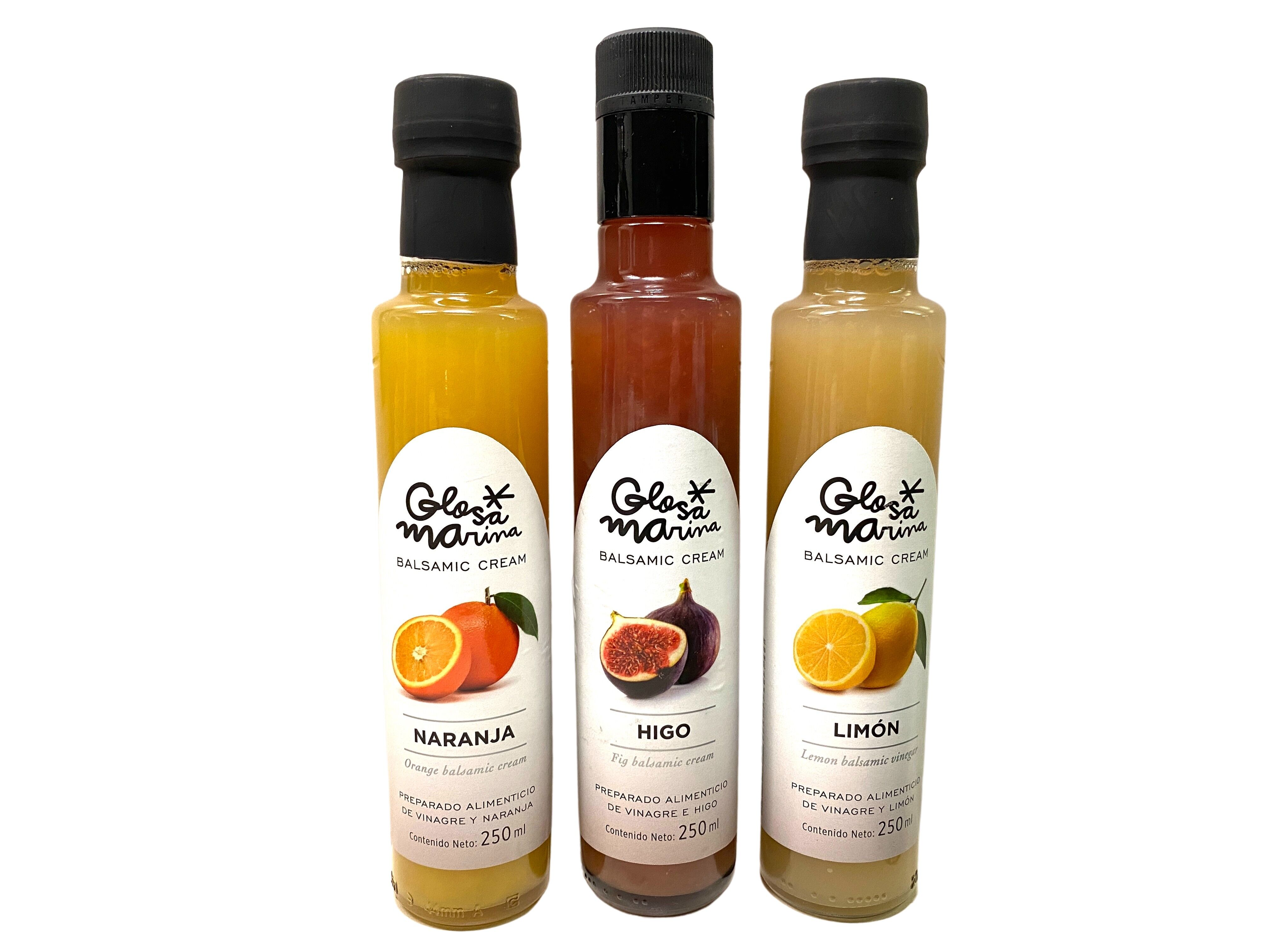 3 bottles of balsamic vinegar preparation with 1 x orange, 1 x fig & 1 x lemon 0.25 l Glosa Marina from Mallorca!