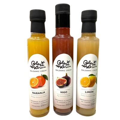 3 bottles of balsamic vinegar preparation with 1 x orange, 1 x fig & 1 x lemon 0.25 l Glosa Marina from Mallorca!