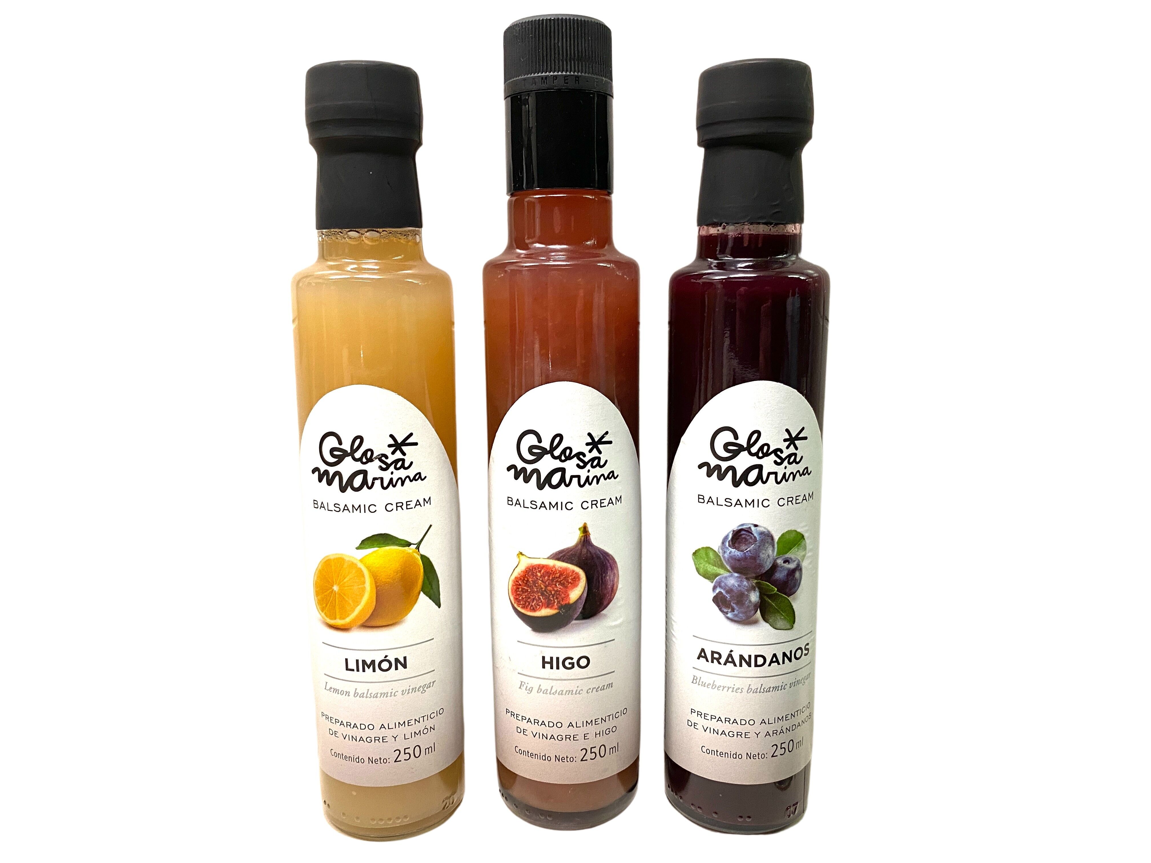 3 bottles of balsamic vinegar preparation with 1 x lemon, 1 x fig & 1 x blueberry 0.25 l Glosa Marina from Mallorca!