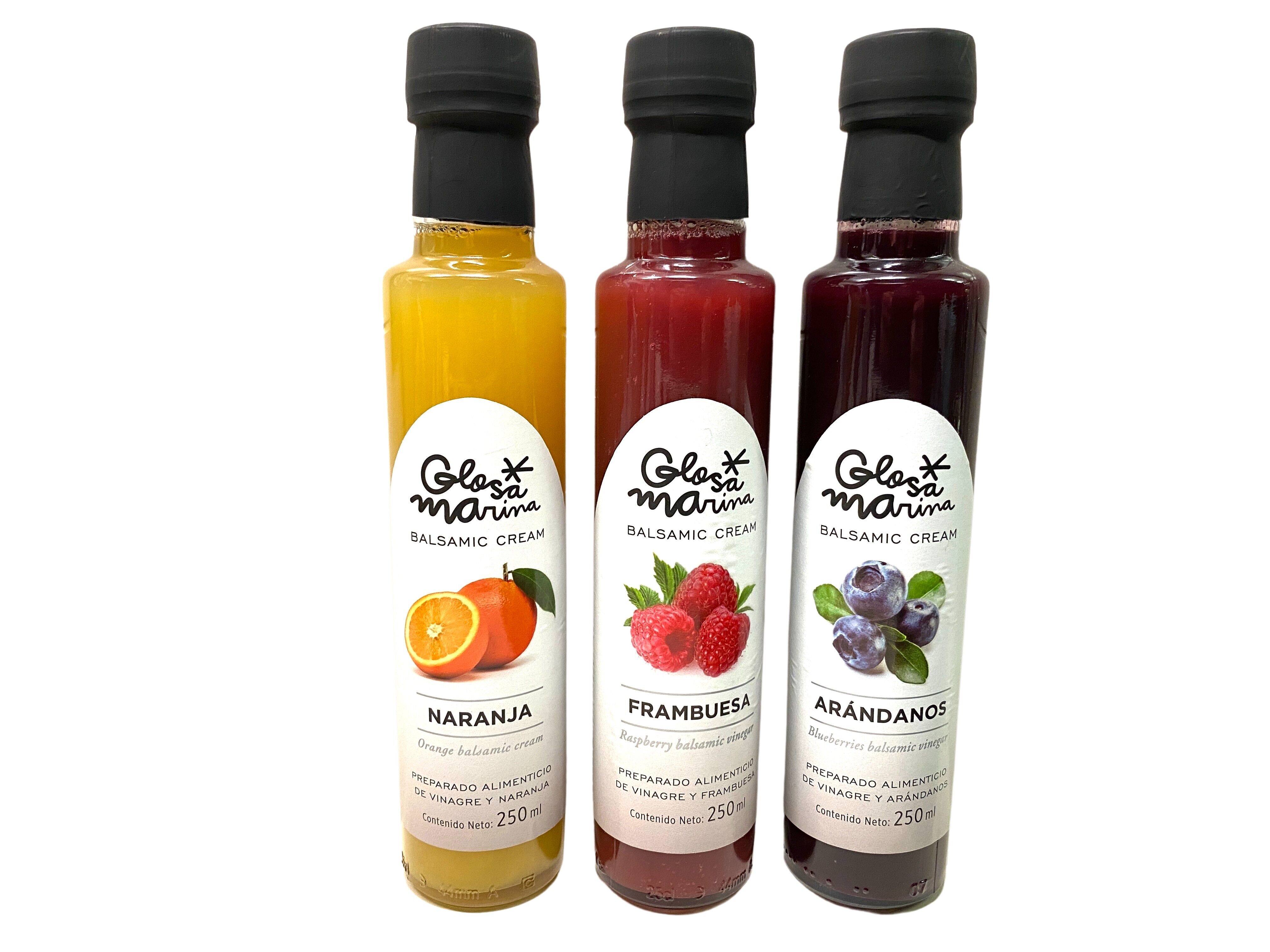 3 bottles of balsamic vinegar preparation with 1 x orange, 1 x raspberry & 1 x blueberry 0.25 l Glosa Marina from Mallorca!