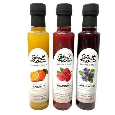 3 bottles of balsamic vinegar preparation with 1 x orange, 1 x raspberry & 1 x blueberry 0.25 l Glosa Marina from Mallorca!