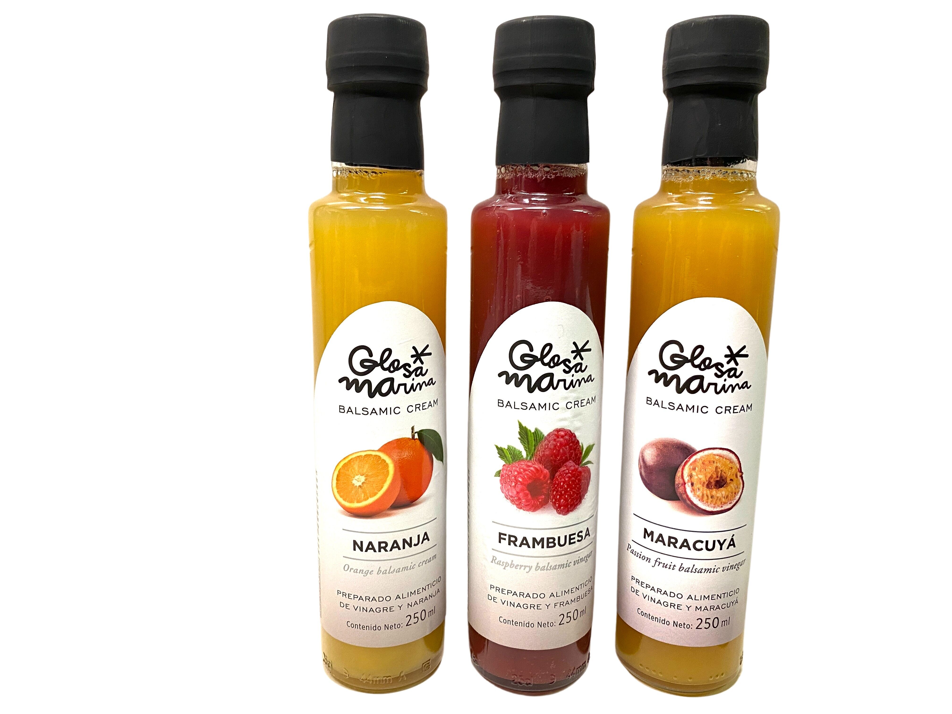 3 bottles of balsamic vinegar preparation with 1 x orange, 1 x raspberry & 1 x passion fruit 0.25 l Glosa Marina from Mallorca!