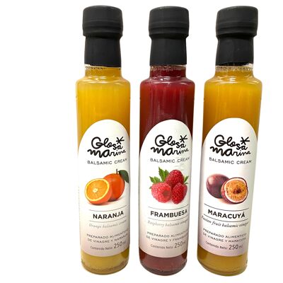 3 bottles of balsamic vinegar preparation with 1 x orange, 1 x raspberry & 1 x passion fruit 0.25 l Glosa Marina from Mallorca!